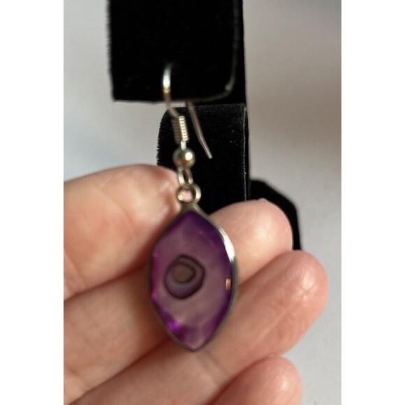 Vintage Purple Abalone Teardrop Dangle Pierced Earrings Silver Tone - Picture 4 of 4